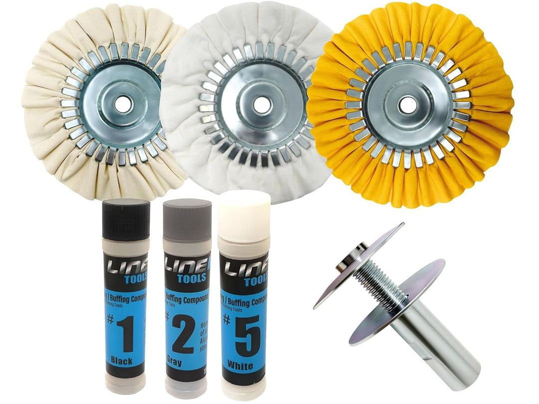 LINE10 Tools 8-inch Airway Buffing Wheel Kit with Three-Step Compound and Angle Grinder Buffer Extension Adapter for Polishing Hard Metals