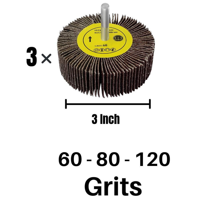 Kit de 3 roues abrasives à lamelles pour perceuse, montées sur tige de 1/4 de pouce