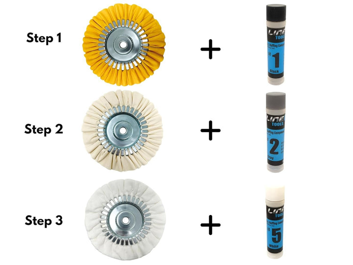 LINE10 Tools 8-inch Airway Buffing Wheel Kit with Three-Step Compound and Angle Grinder Buffer Extension Adapter for Polishing Hard Metals