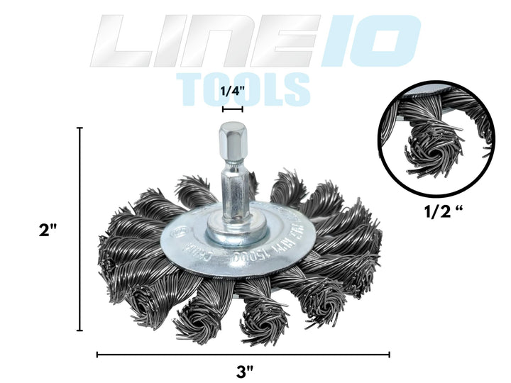 LINE10 Tools 3-inch Knotted Drill Wire Brush Set, 3 Pack w Hex Shank, Fits Impact Drivers