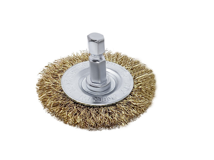 2" Circular Wire Brush, 1/4" Hex Shank, Brass-Coated Steel Bristles