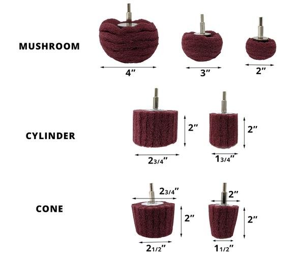 Abrasifs non tissés individuels pour perceuse - Montés sur tige de 1/4 de pouce - Différentes formes