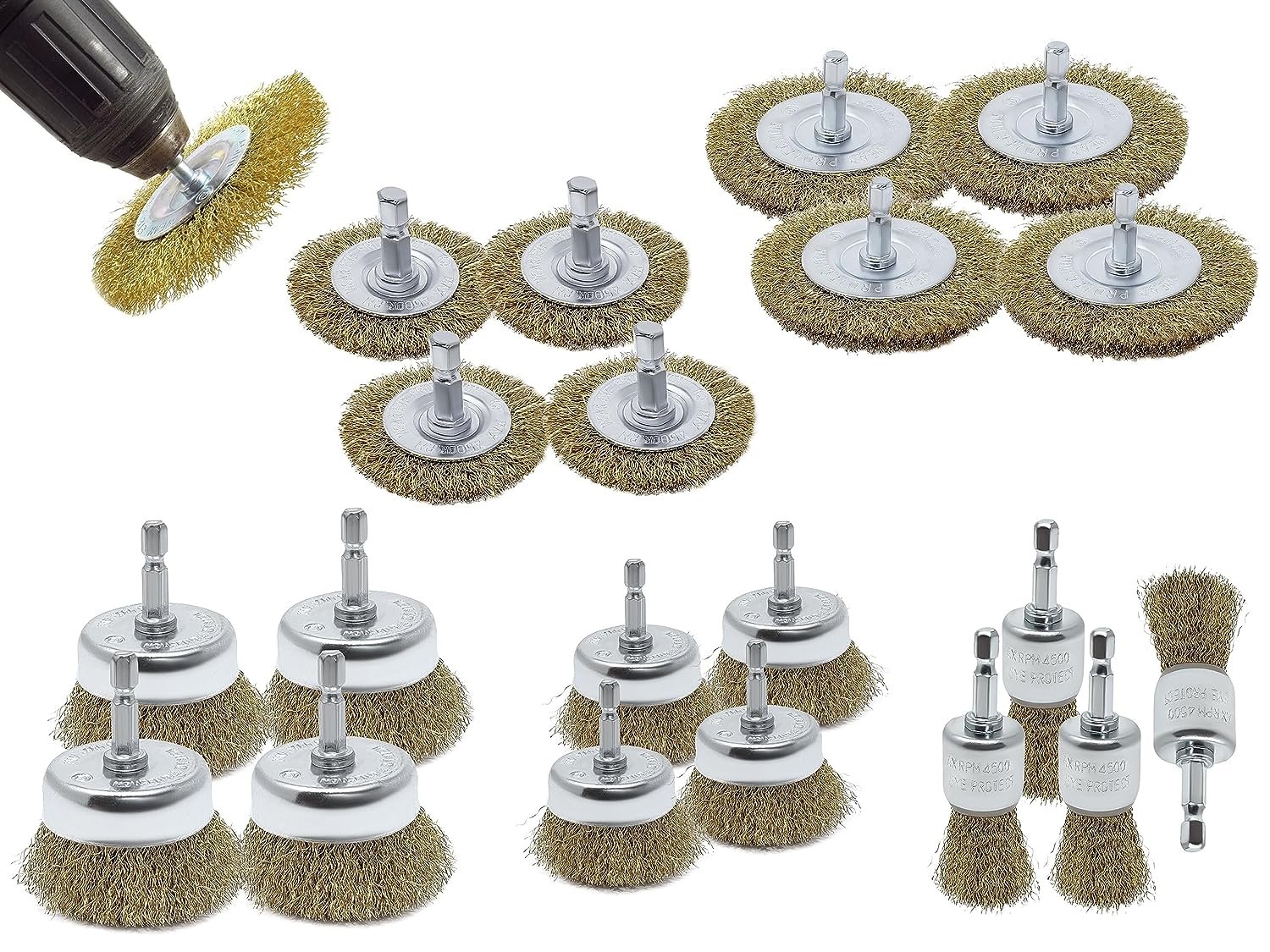 LINE10 Tools 20pk Wire Brush Drill Attachment Set Brass Coated for Cleaning Rust 1/4" Hex Shank Fits Impact Driver