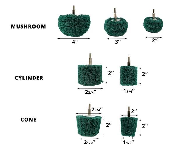 Individual Non Woven Abrasives For Drill- Mounted on 1/4 inch Shank- Various Shapes