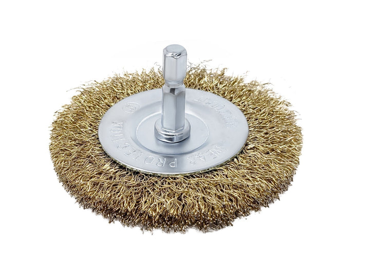 3" Circular Wheel Brush on 1/4" Hex Shank - Brass-Coated Steel Bristles