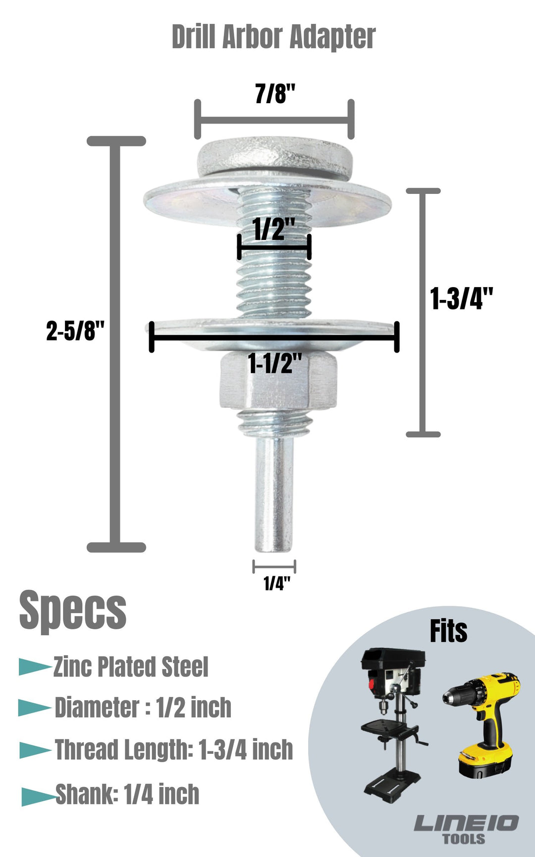 Mandrin adaptateur d'arbre de roue de polissage, arbre étendu pour roues jusqu'à 1-1/4" d'épaisseur