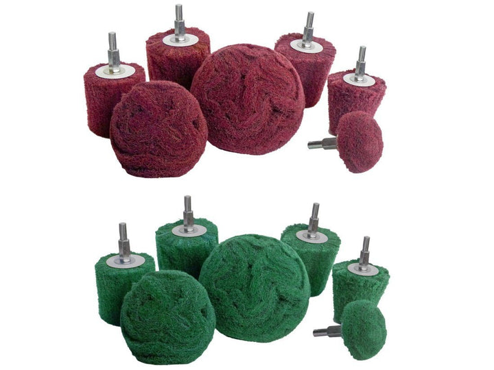 Abrasifs non tissés individuels pour perceuse - Montés sur tige de 1/4 de pouce - Différentes formes