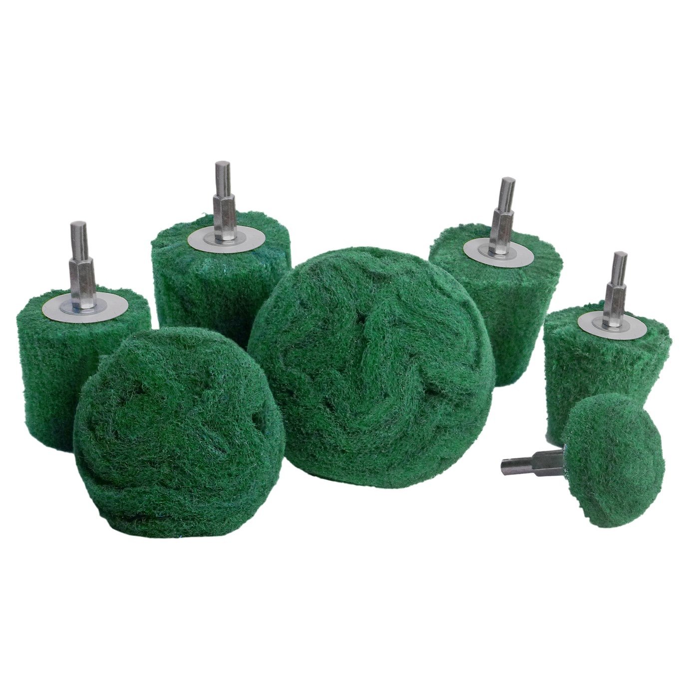 Tampons de forage abrasifs non tissés 7 pièces, montés sur tige de 1/4 de pouce - Vert - Moyen