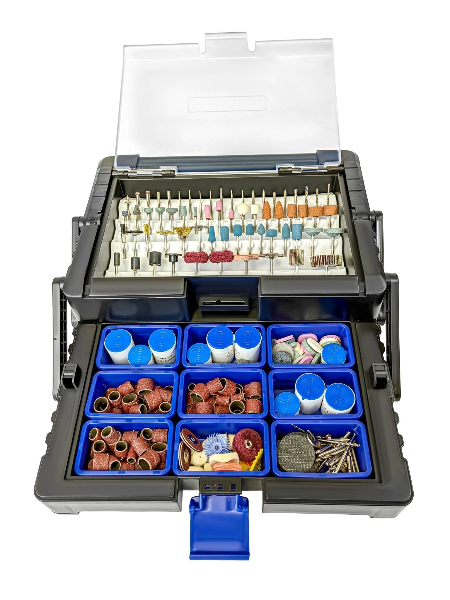 Kit d'accessoires pour outils rotatifs, 500 pièces, dans une boîte à outils en porte-à-faux
