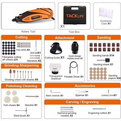 Outil rotatif à vitesse variable avec étui, embouts et accessoires