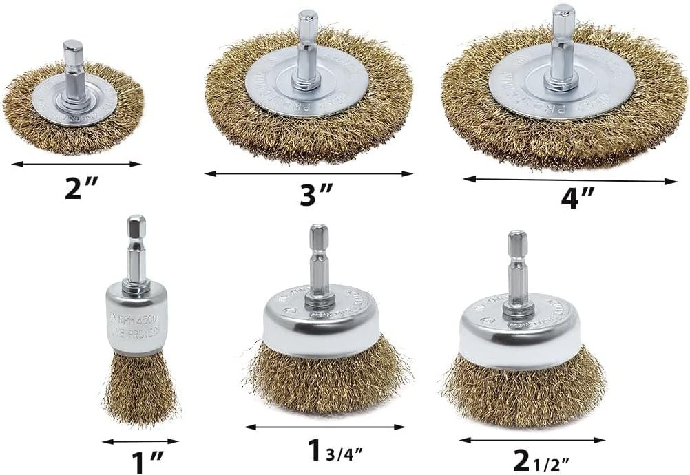 6pc Wire Brush Kit for Drill, Brass-Coated Metal Wire